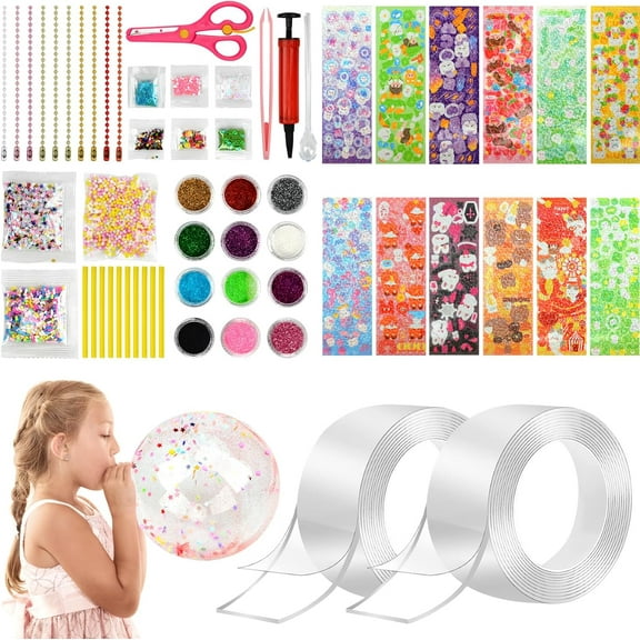 2 Pack Nano Tape Bubbles Kit, Double Sided Nano Tape for Making Bubbles, DIY Nano Bubble Tape with Pump Sequins Glitter Powder Stickers, Nano Magic Tape Creative Water Ball Craft Kits for Kids Adults