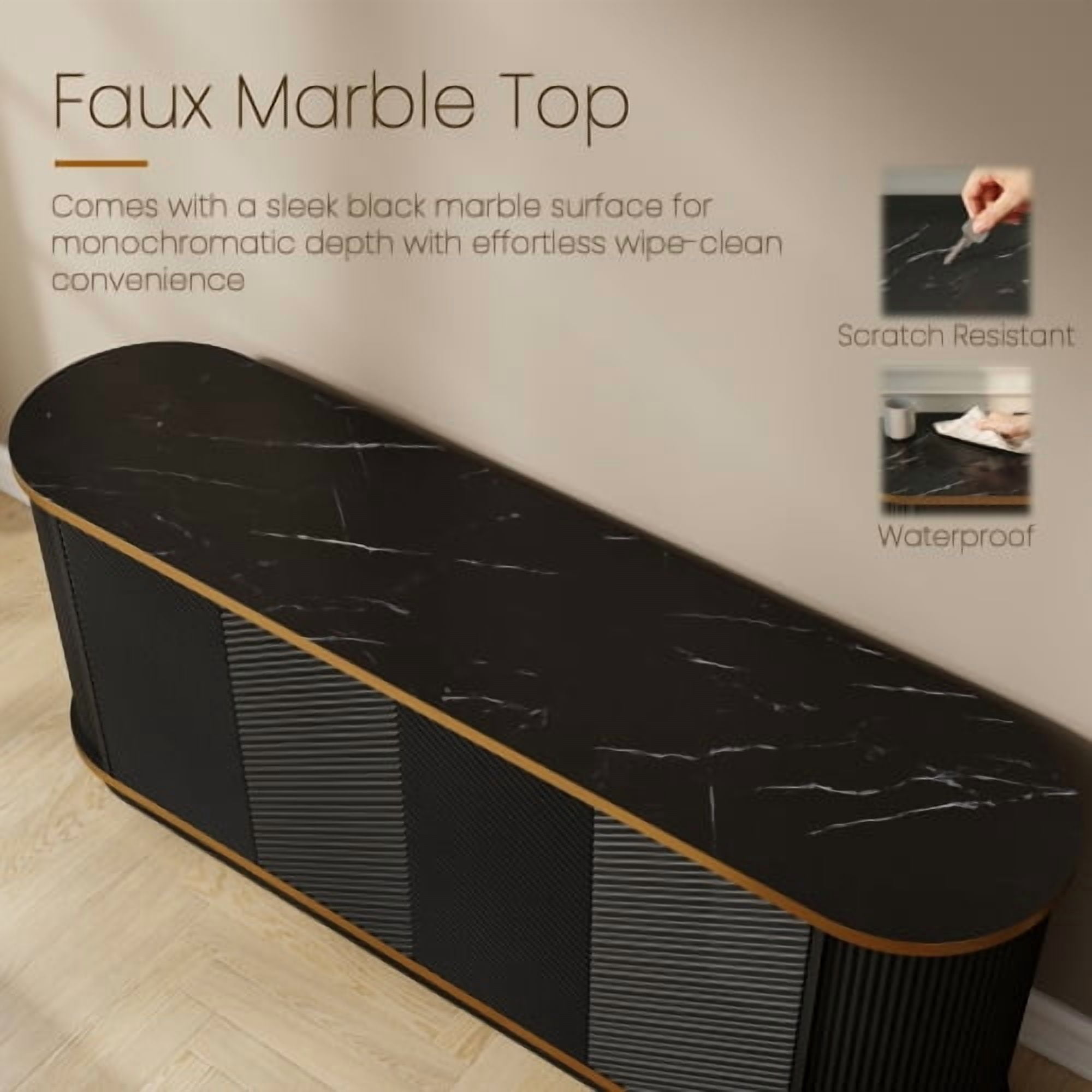 63" Diagonal Fluted Sideboard Cabinet with Gold Trim & Faux Marble Top – Buffet Credenza TV Stand for Living Room, Dining Room, Black