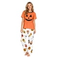 thumbnail image 2 of Family Halloween Pajamas Matching Sets, Orange Jack‑o‑Lantern Face Ghost Print Soft Short Sleeve Top and Long Pants Halloween Pajamas for Family, 2 Piece Holiday Sleepwear Halloween Family Pjs Set, 2 of 7