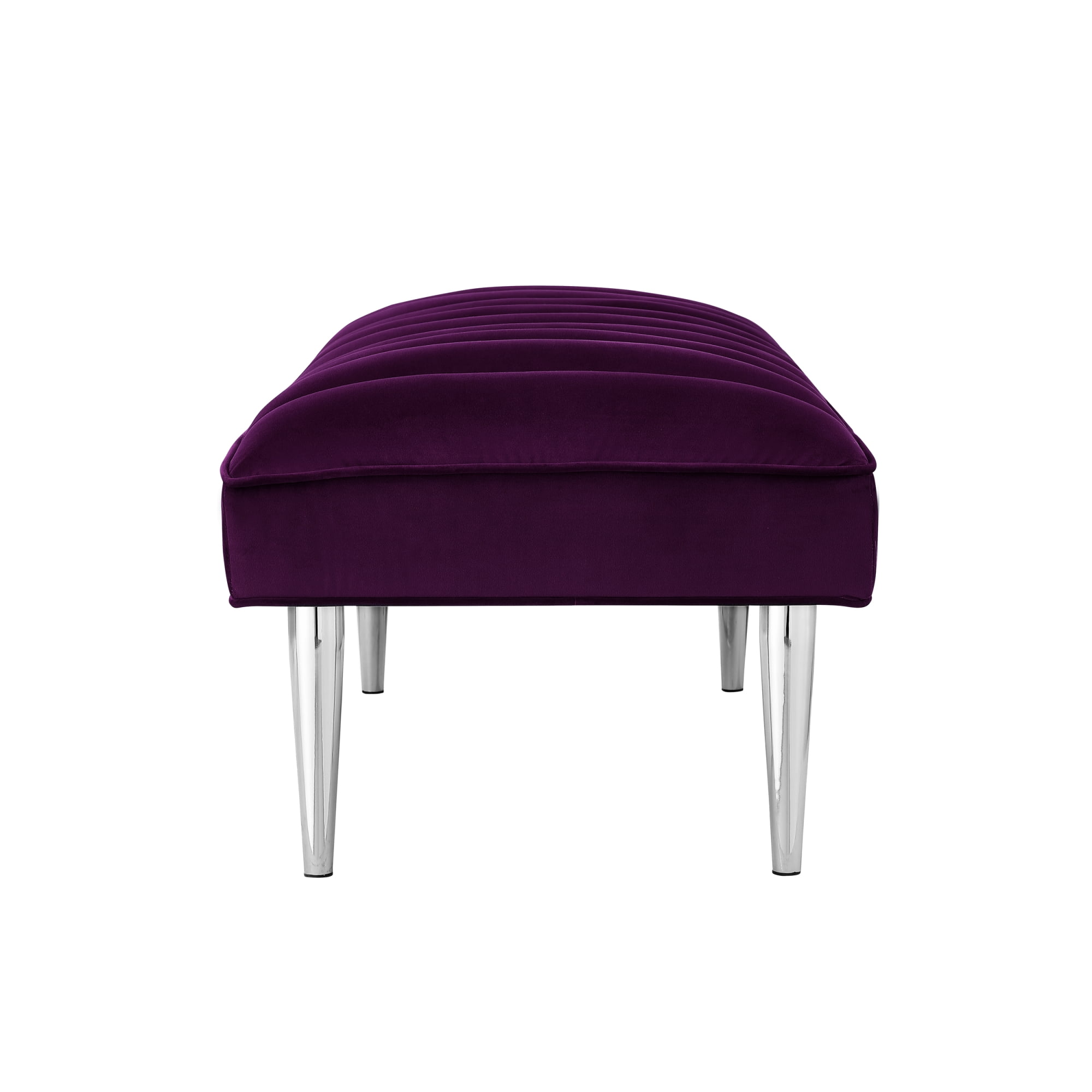 Bodie Purple/Chrome Velvet Bench - Upholstered, Channel Tufted, Tapered Mirrorred Lacquer Finish Stainless Steel Legs