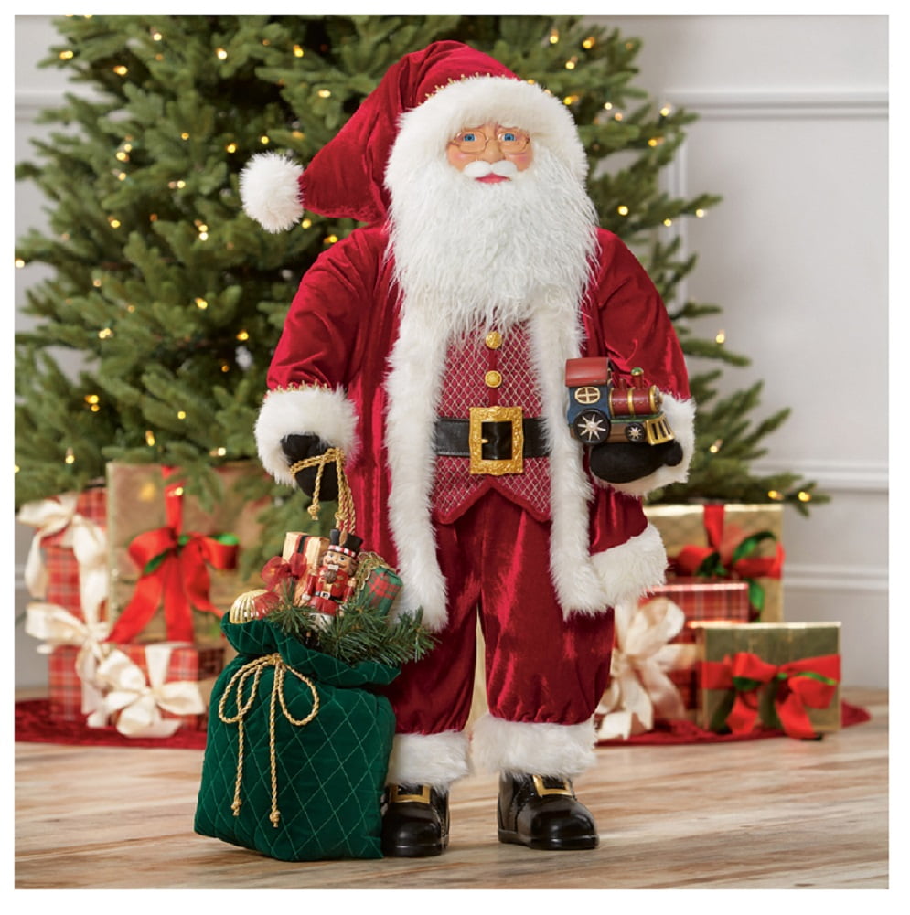 Traditional 3 FT Large Santa in Red Velvet Fabric Coat & Gift Bag