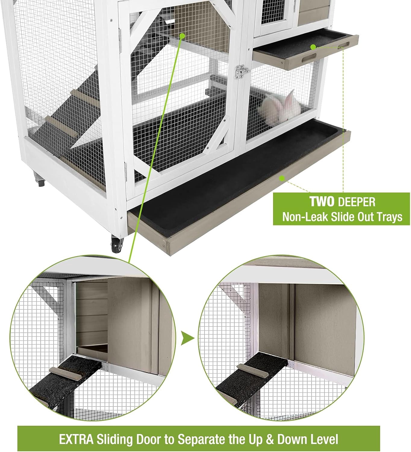 BUTINGLALE Indoor Outdoor Rabbit Hutch, Bunny Cage on Wheels with 2 Deep No Leakage Pull Out Trays (Without Bottom Wire Mocca)