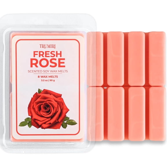 TRUMIRI Fresh Rose Scented Wax Melts - Made with Non Toxic Soy Wax and Essential Oils -1 Pack 8 Wax Melts 3.2oz - Long Lasting Strong Scent Pet Safe Floral Candle Wax Cubes Tarts for Warmers