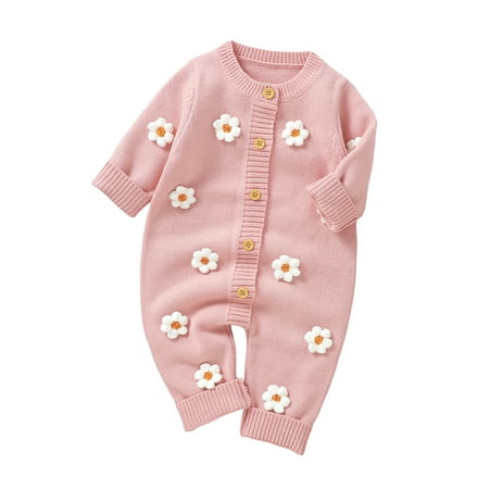

Baby Girls Knit Romper Long Sleeve Button-down Flower Jumpsuit Sweater