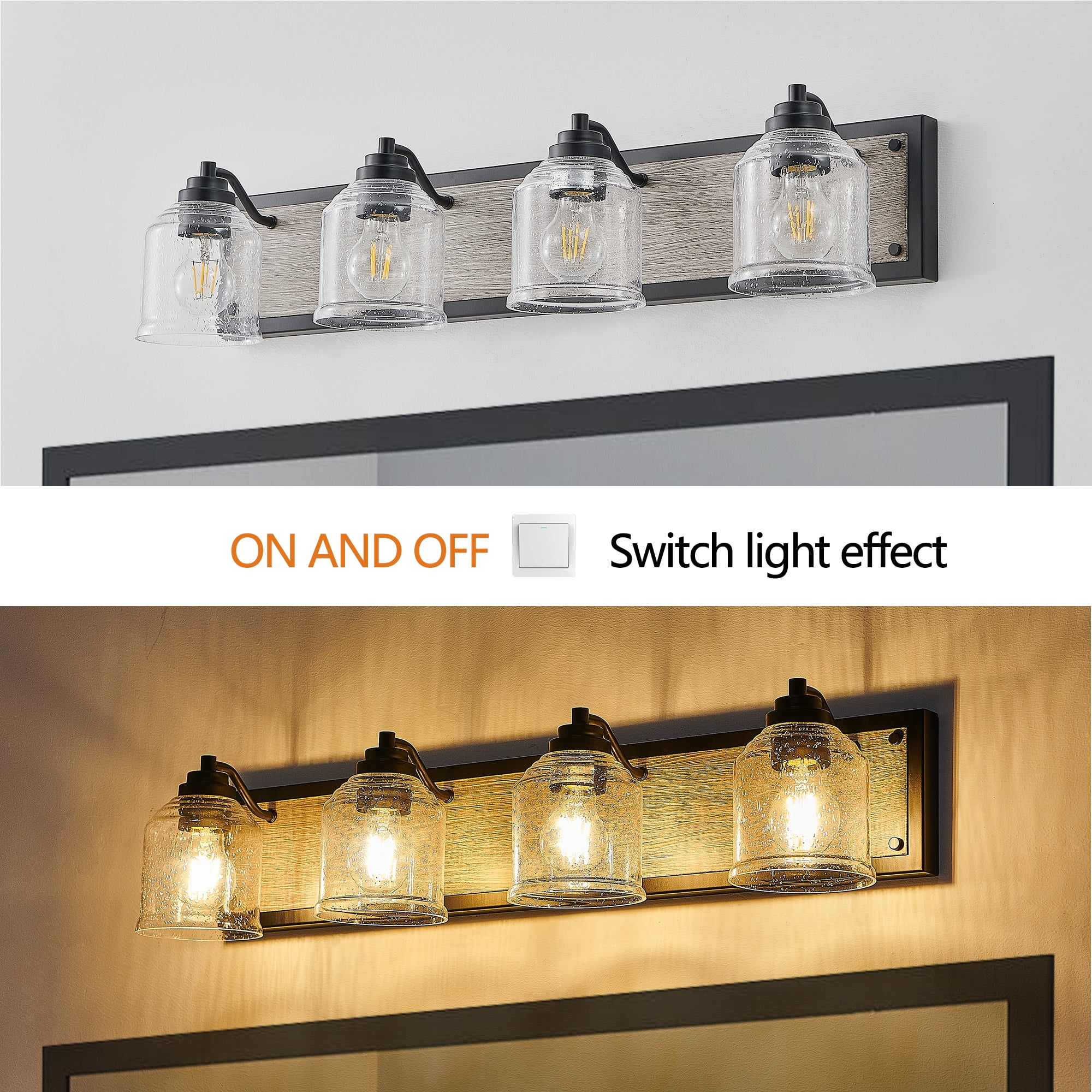 4-Light Farmhouse Bathroom Vanity Light, Brown Metal Vanity Light with Glass Shades,Rustic Wall Sconce Lighting Fixtures Over Mirror for Barhroom,Kitchen 31.5in