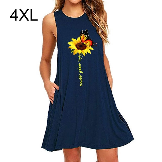 Vestido corto sin mangas Midi Vest Dress Mujer Trajes de verano estampados, azul oscuro, 4XL kenally AP002125-23