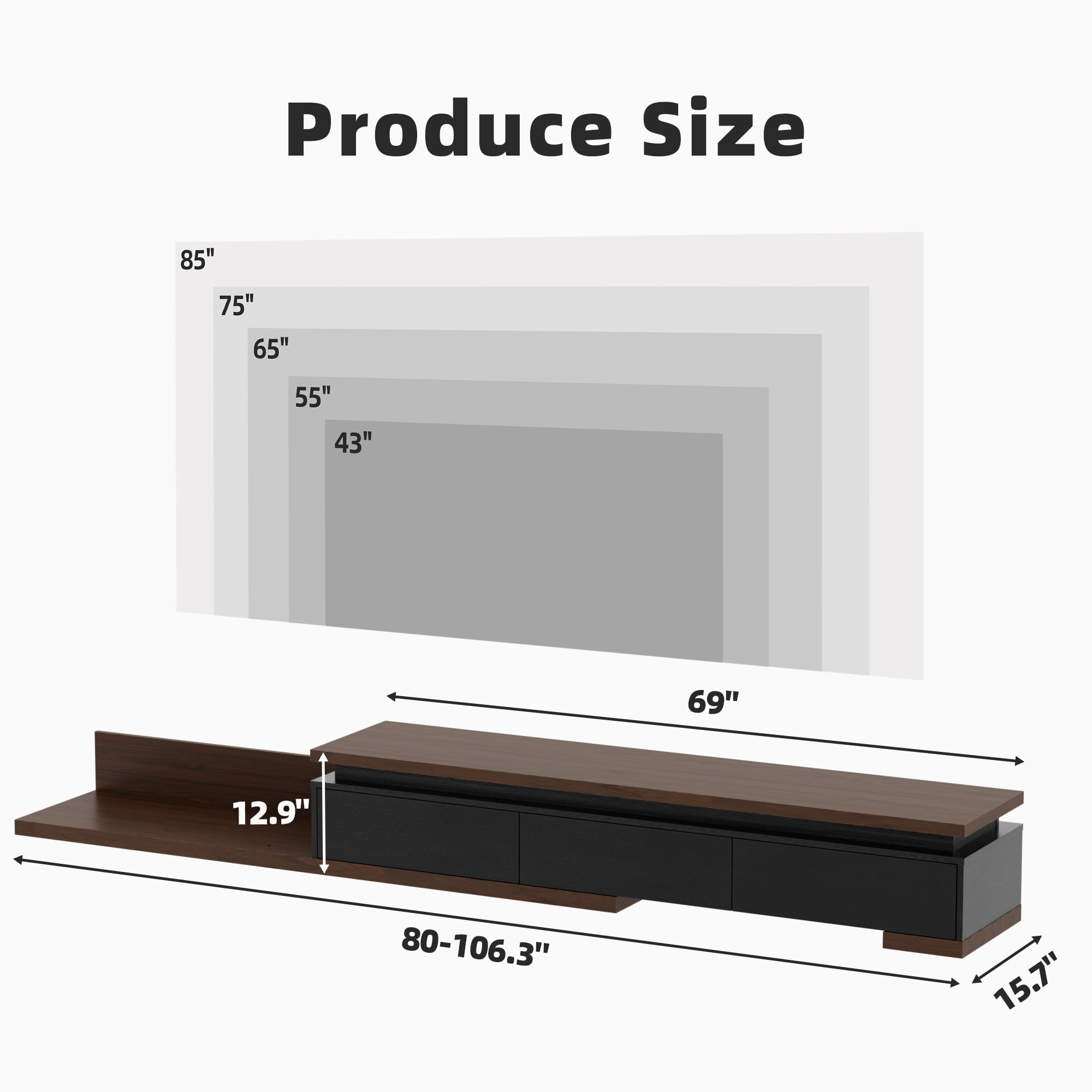 Tolead Extendable TV Stand with LED Lights – Modern Reversible Wood Entertainment Center for TVs 80"-106" with Three Drawers, Black & Walnut Finish, Ideal for Living Room & Bedroom