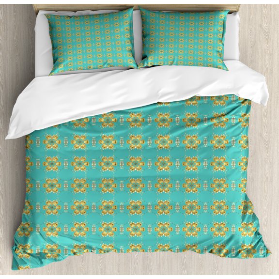 Yellow Damask Queen Size Duvet Cover Set, Oriental Themed Geometric Tile Repeating Hexagon Pattern, Decorative 3 Piece Bedding Set with 2 Pillow Shams, Turquoise Yellow and Brown, by Ambesonne
