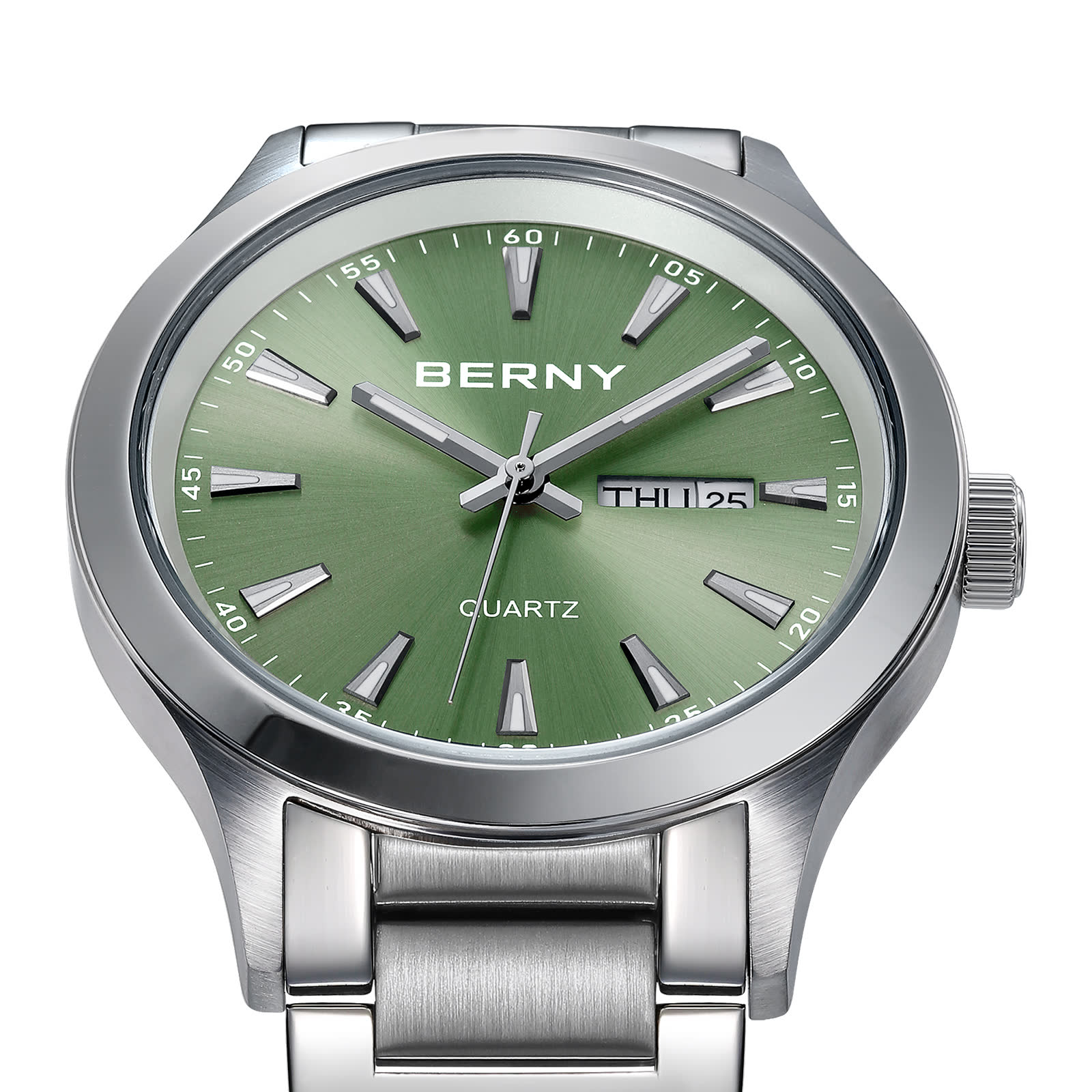 BERNY Quartz Watch for Men, Fashion Sports Wrist Watches with Solid Stainlesss Steel Case & Band, Date & Day Calendar, Casual Waterproof Men's Watches, Green