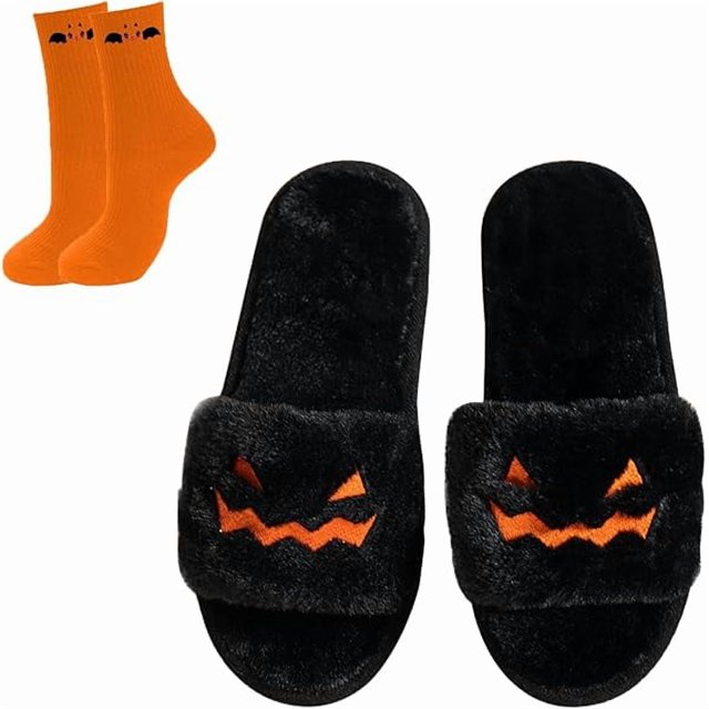 wonima44 Spooky Halloween Slippers - Soft Fuzz Open Toe Slides for Women, Men & Kids - Goth, Pumpkin & Bat Designs