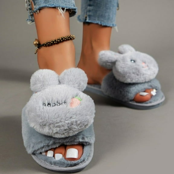 Women Slippers Clearance Flat Cartoon Rabbit Fuzzy Plush Slipper Bedroom Cozy on House Shoes Indoor Warm Soft Slippers
