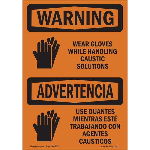 OSHA WARNING Sign - Wear Gloves Caustic Solutions Bilingual | Decal | Protect Your Business, Work Site, Warehouse & Shop Area | Made in the USA