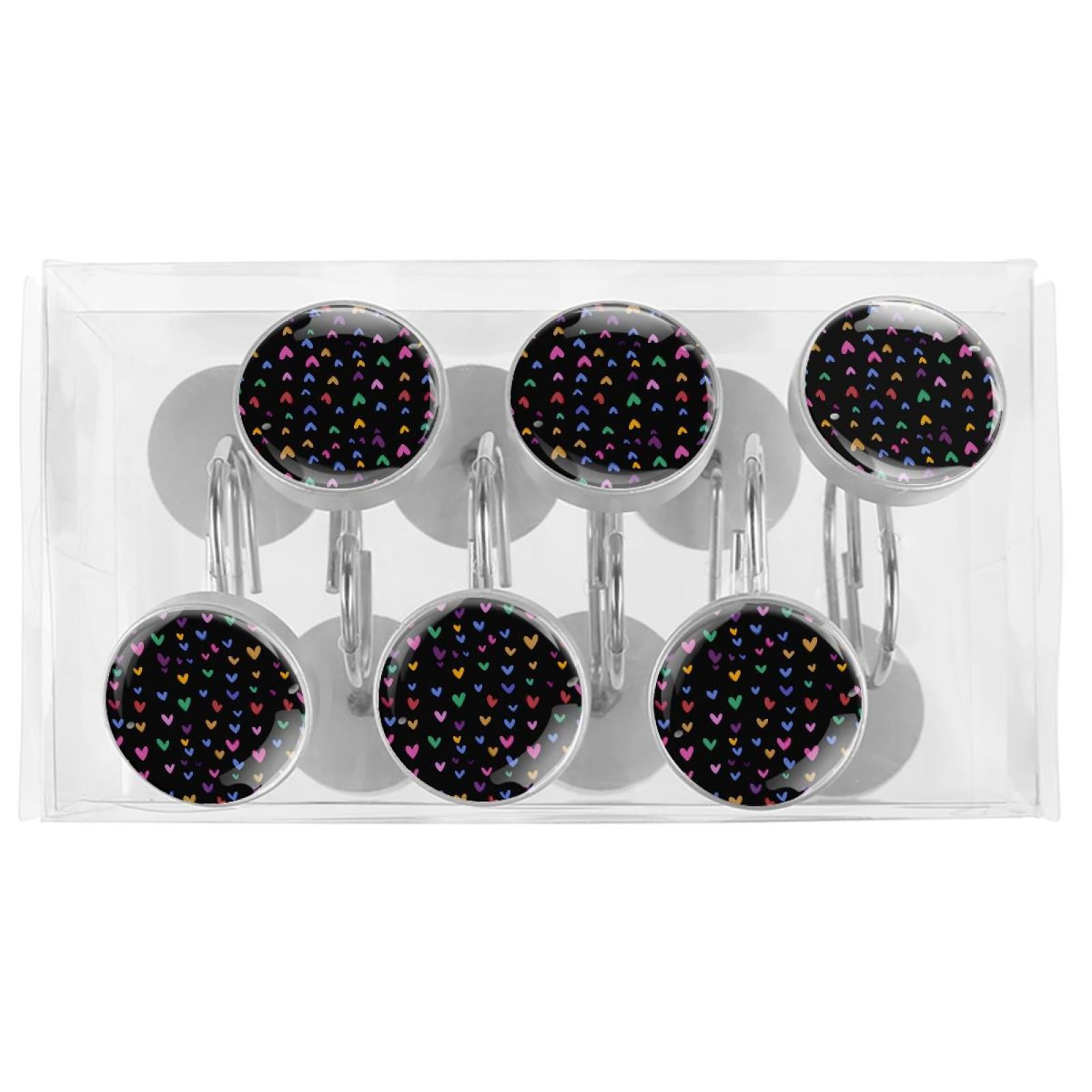 12pcs Decorative Shower Curtain Hooks, Rust Resistant Shower Rings for Bathroom Living Room,Rustproof Stainless Steel Rings for Shower Curtain and Liner Rods,Colorful Hearts Black