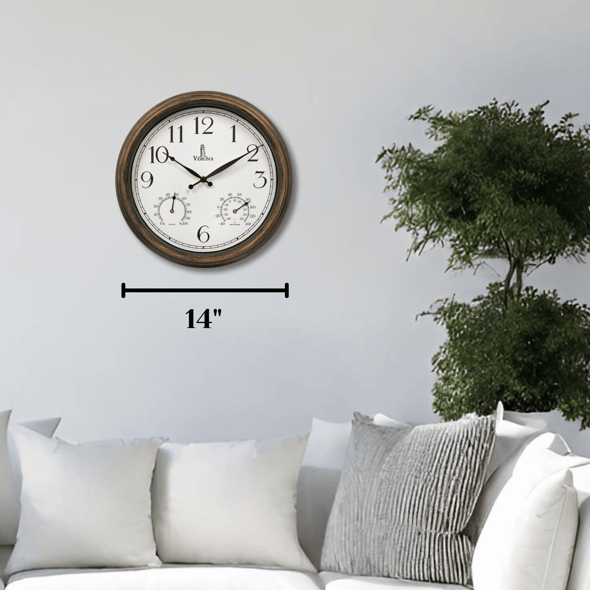 Outdoor Clock for Patio Waterproof with Thermometer - 14 inch Indoor Outdoor Clock with Temperature and Humidity - Weatherproof, Accurate & Easy to Read Wall Clock for Pool, Patio, Garden &Home Decor