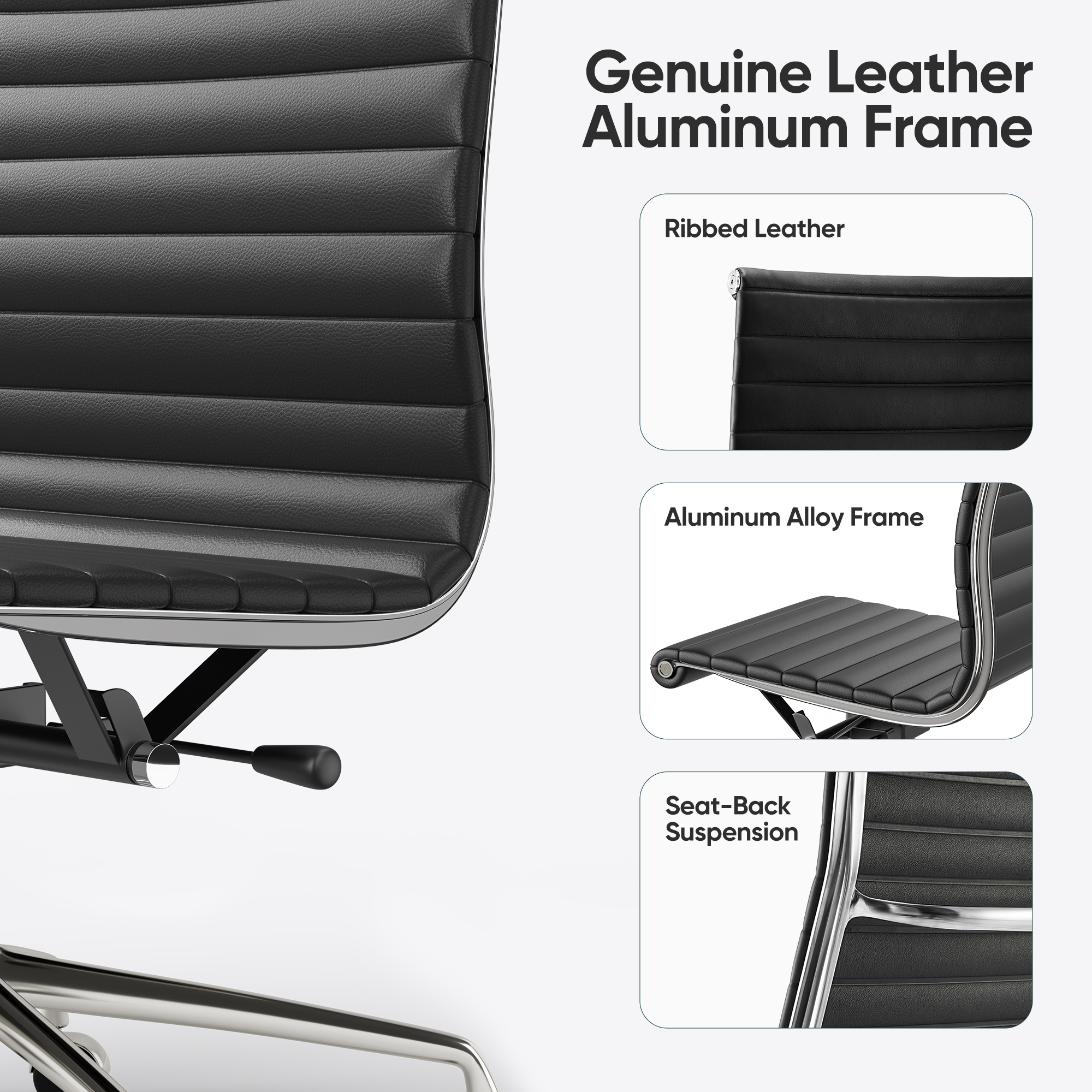 Raffle Pinker Ribbed Genuine Leather Office Desk Chair Mid Back Armless Executive Conference Room Chair Adjustable Computer Chair Swivel Chair for Home Office, Black