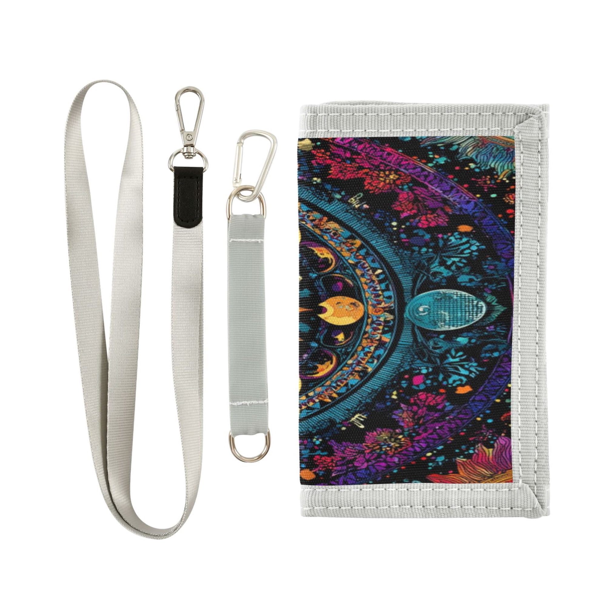 Nylon Fabric Wallet Compact Bifold With Zipper Coin Pocket Card Slots And Detachable Keychain Lanyard Sun Moon & Stars
