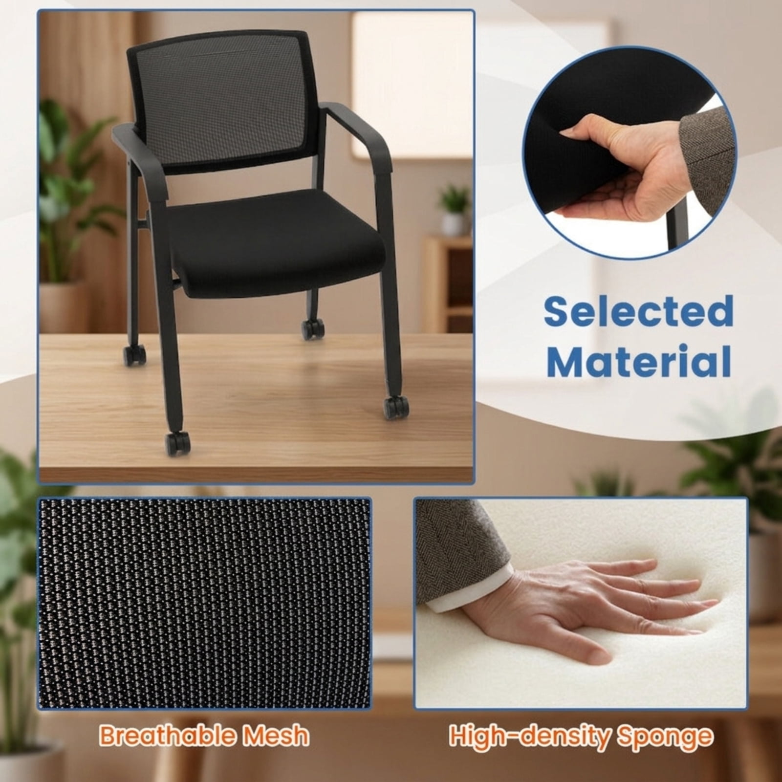 Furnibear Set of 2 Stackable Rolling Office Chairs with Ergonomic Mesh Backrest Padded Seat and Casters for Reception Conference Room, Black