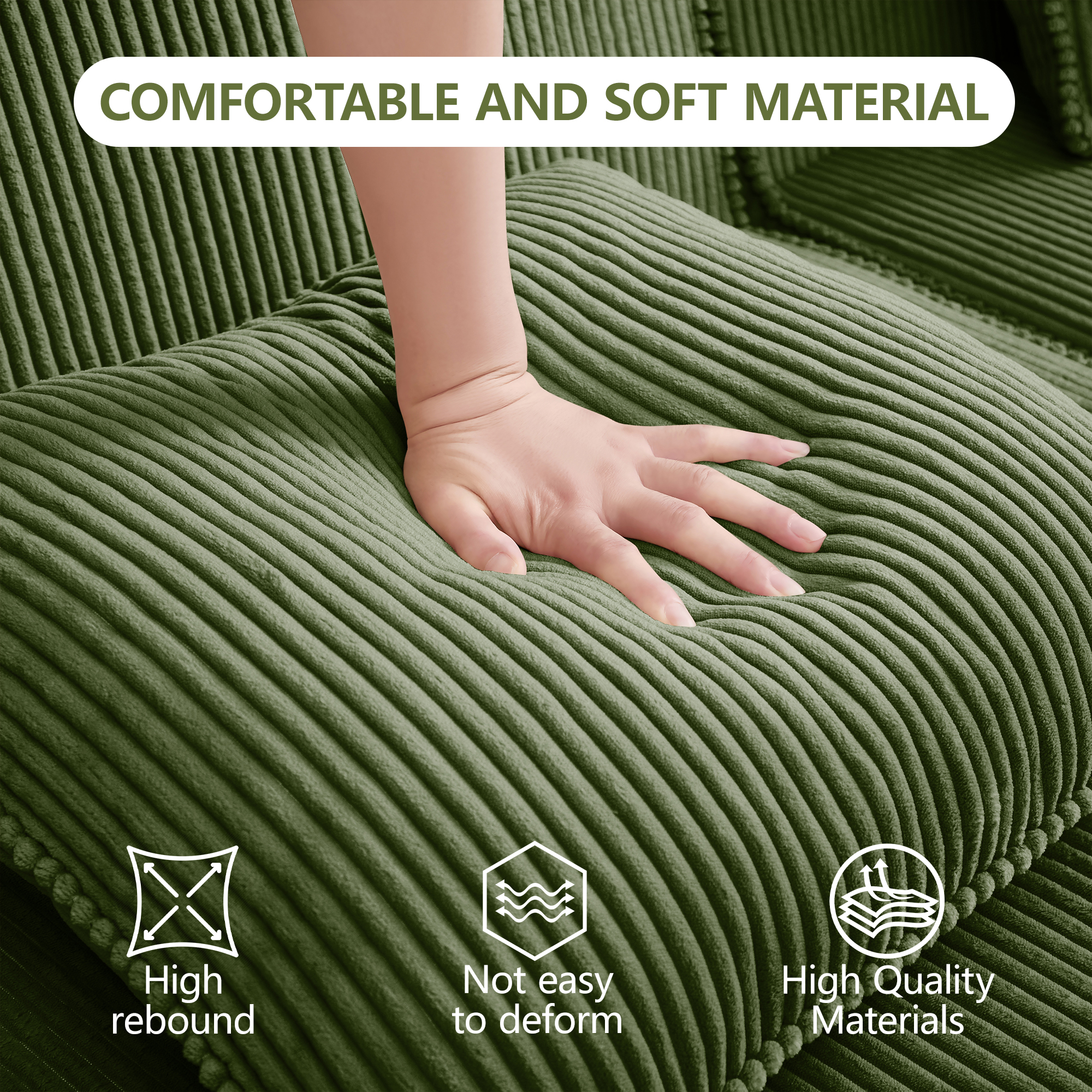 Modular 3 Seat Boneless Sofa, Cloud Sectional Couch with Deep Seat, Modern Modular 3-Seat Sofa Couch with Throw Pillows Corduroy Fabric Green