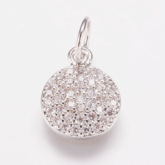 Brass Cubic Zirconia Pendants Flat Round Charms Platinum 10x8x2mm Hole: 3mm