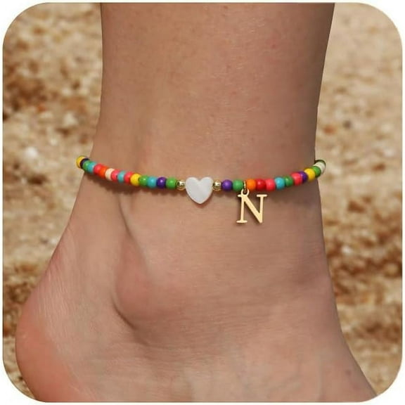Ankle Bracelets for Women Initial Anklets Waterproof Boho Beaded Dainty Ankle Bracelets Letter Heart Handmade Adjustable Foot Chain Anklet Summer Vacation Colorful Jewelry Gift