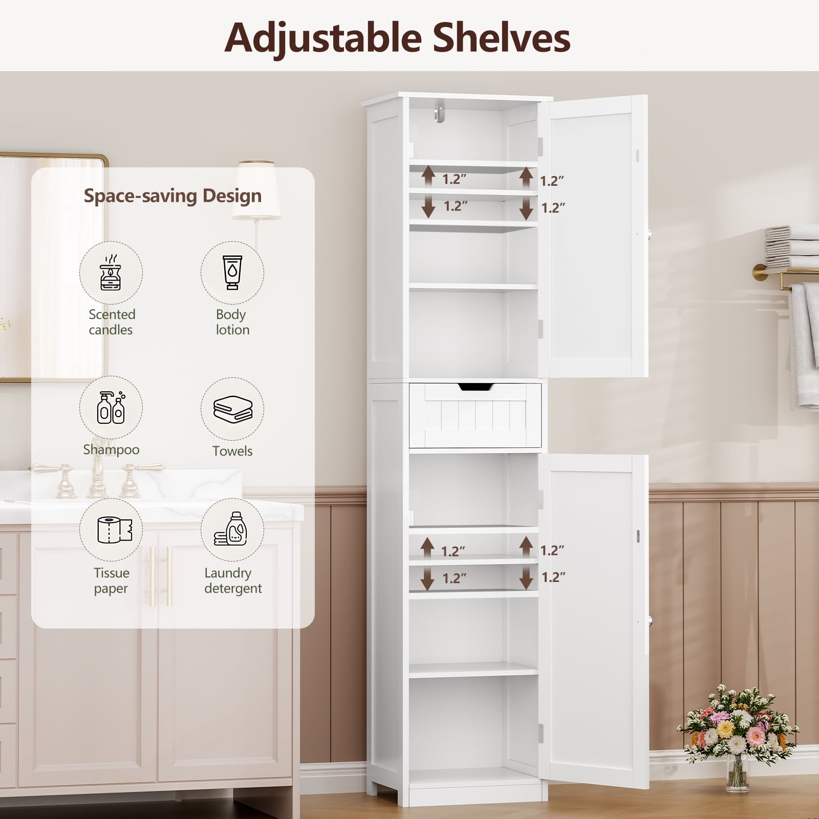 FANGSUM Tall Bathroom Cabinet, Storage Cabinet with 2 Doors & 1 Drawer, Narrow Floor Storage Cabinet with Adjustable Shelves for Bathroom, Living Room, Bedroom, White