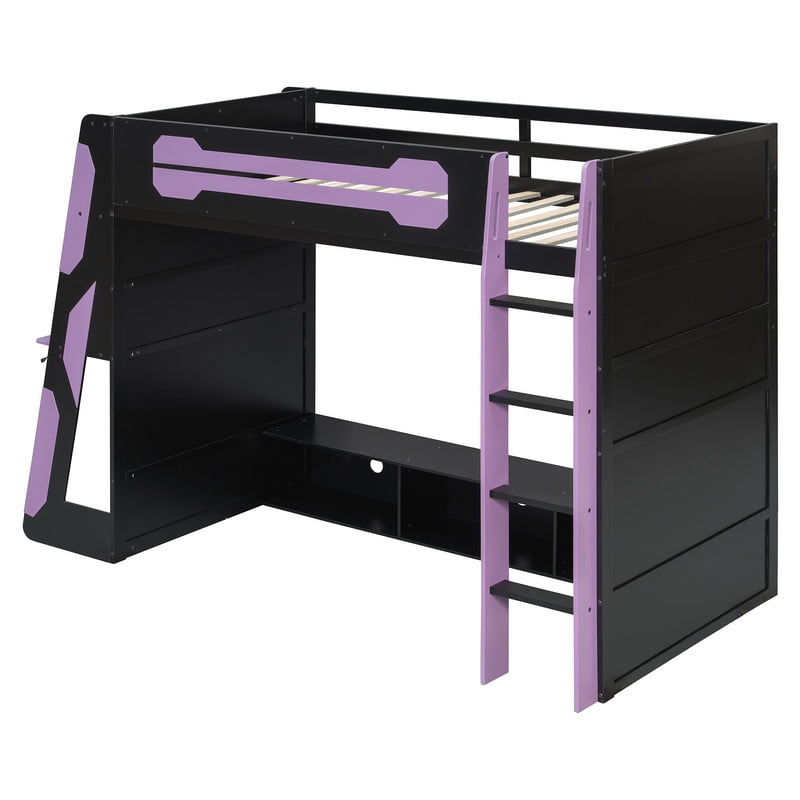 Twin Size Gaming Loft Bed with Desk and RGB LED Light, Wooden Loft Bed Frame with Workstation and Storage Shelves for Bedroom, Dorm Room