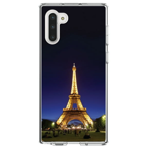 DistinctInk Clear Shockproof Hybrid Case for Samsung Galaxy Note 10 (6.3" Screen) - TPU Bumper, Acrylic Back, Tempered Glass Screen Protector - Eiffel Tower Paris Night - Paris