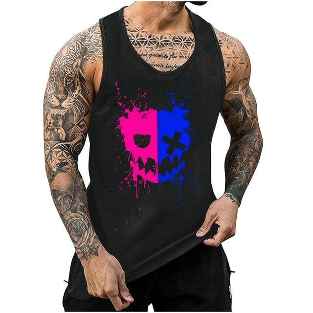 SDNall Débardeurs pour Hommes Débardeur pour Hommes Dégradé Incolore Imprimé Col Rond Bretelle Fine Dos Dégagé Régulier Débardeur de Sport Décontracté Blouses