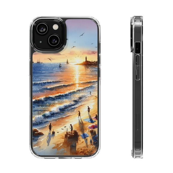 DistinctInk Hybrid (Acrylic / TPU) Clear Slim Fit Case for Apple iPhone 13 MINI (5.4" Screen) - "Serene Sunset: A Vibrant Beachscape Painting"