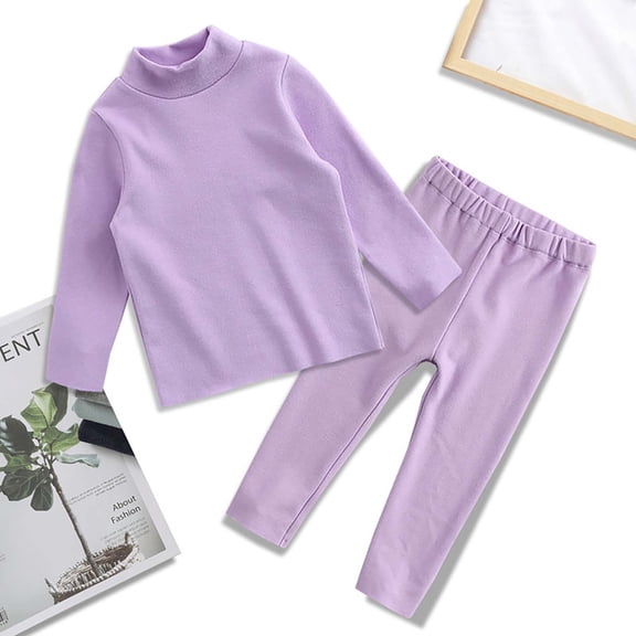 XIMIN Kids Thermal Underwear Set, Toddler Boys Girls Plain 2 Piece Outfit, Fall Winter Turtleneck Shirt and Pants (Purple, 18-24 Months)