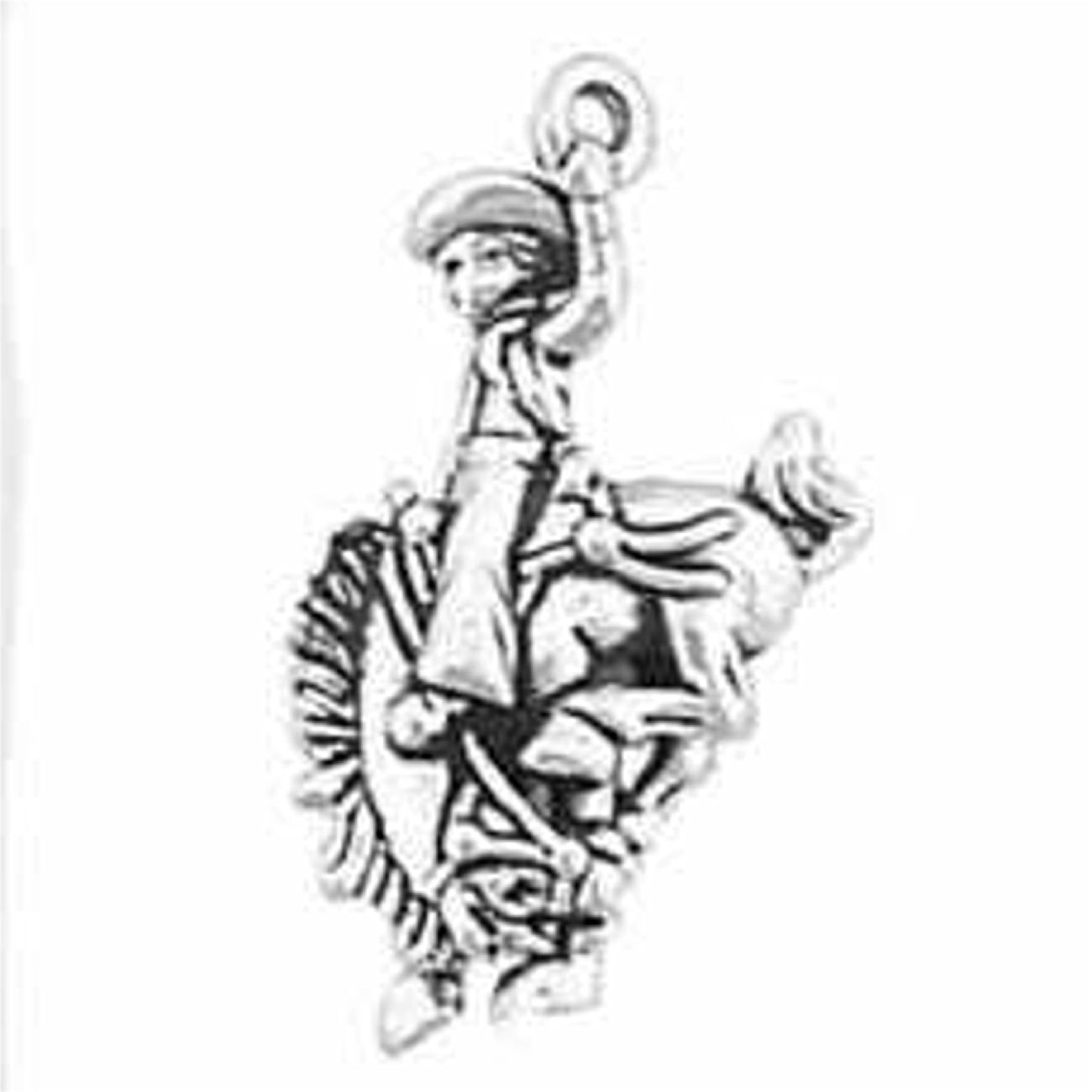 Sterling Silver Girls .8mm Box Chain Cowboy Riding Bucking Bronco Horse In Horseshoe Pendant Necklace