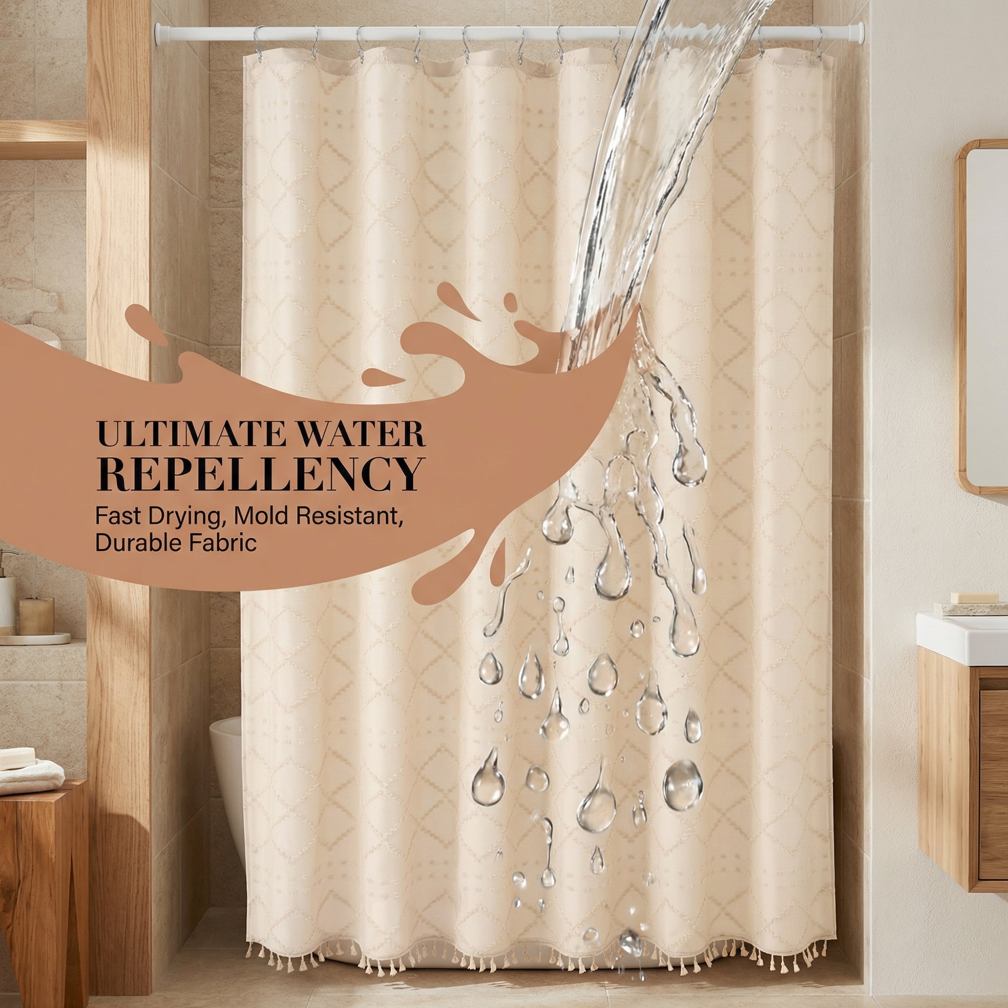 Unique Bargains 3D Geometric Texture Bath Curtain Sets with Hooks Beige 72"W x 72"L
