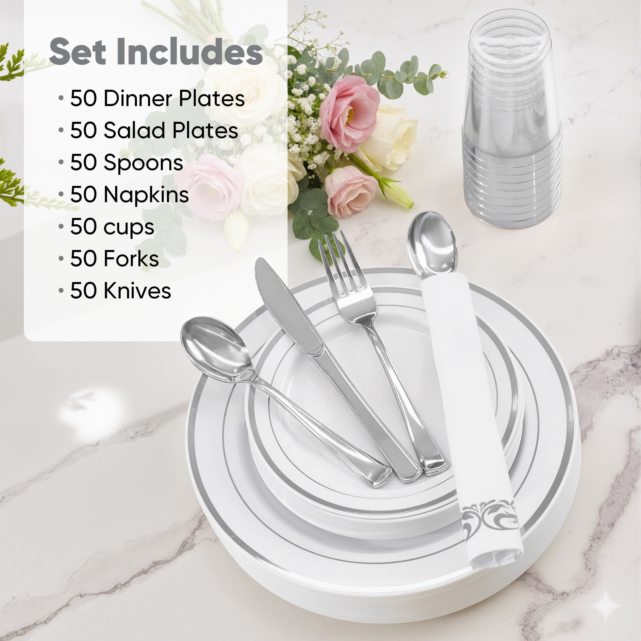 Daluvenix 350 Silver Plastic Dinnerware Set for 50 Guests, Silver Plastic Plates for Party, 50 Disposable Plates, 50 Dessert Plates, 50 Napkins with Silverware, 50 Cups