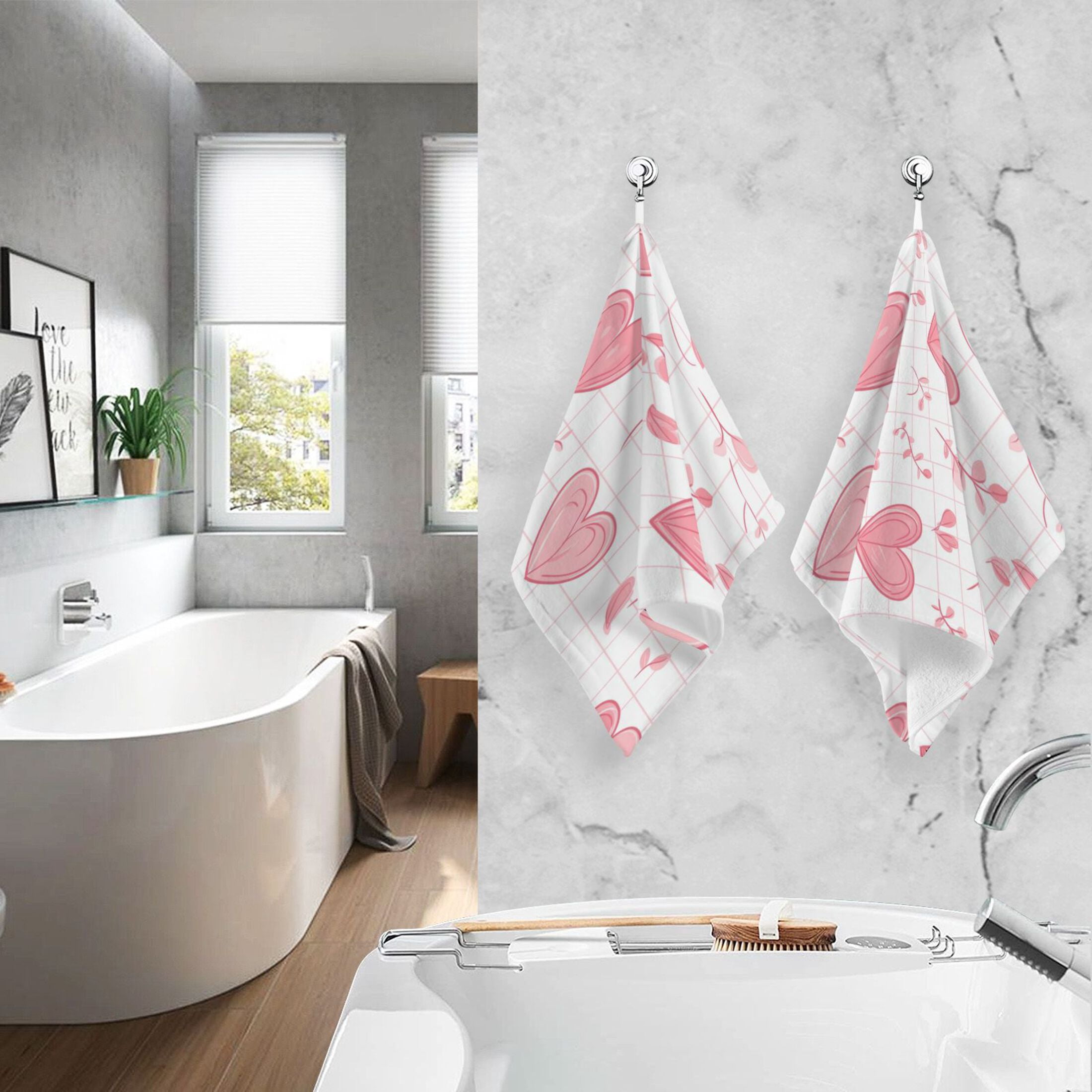 2 Pcs Absorbent Face Towel Bath Hand Towels Soft Breathable Cotton Towel Set for Bathroom Kitchen Hotel Spa Decor Pink Heart