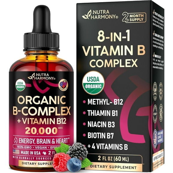 USDA Organic Vitamin B-Complex B5 Pantothenic Acid | B12 | B1 | B6 | B7 | B9 | B3 - B Complex Liquid Drops, Made in USA Supplement, 2fl oz
