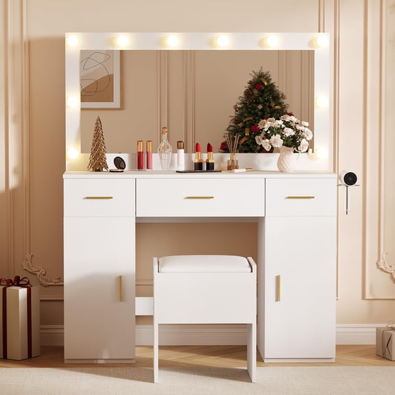 Vanity Desk Set with Mirror and Lights, Makeup Vanity Table with Power Outlet and Stool, Adjustable LED Lighting Bedroom Dressing Table for Bedroom, White
