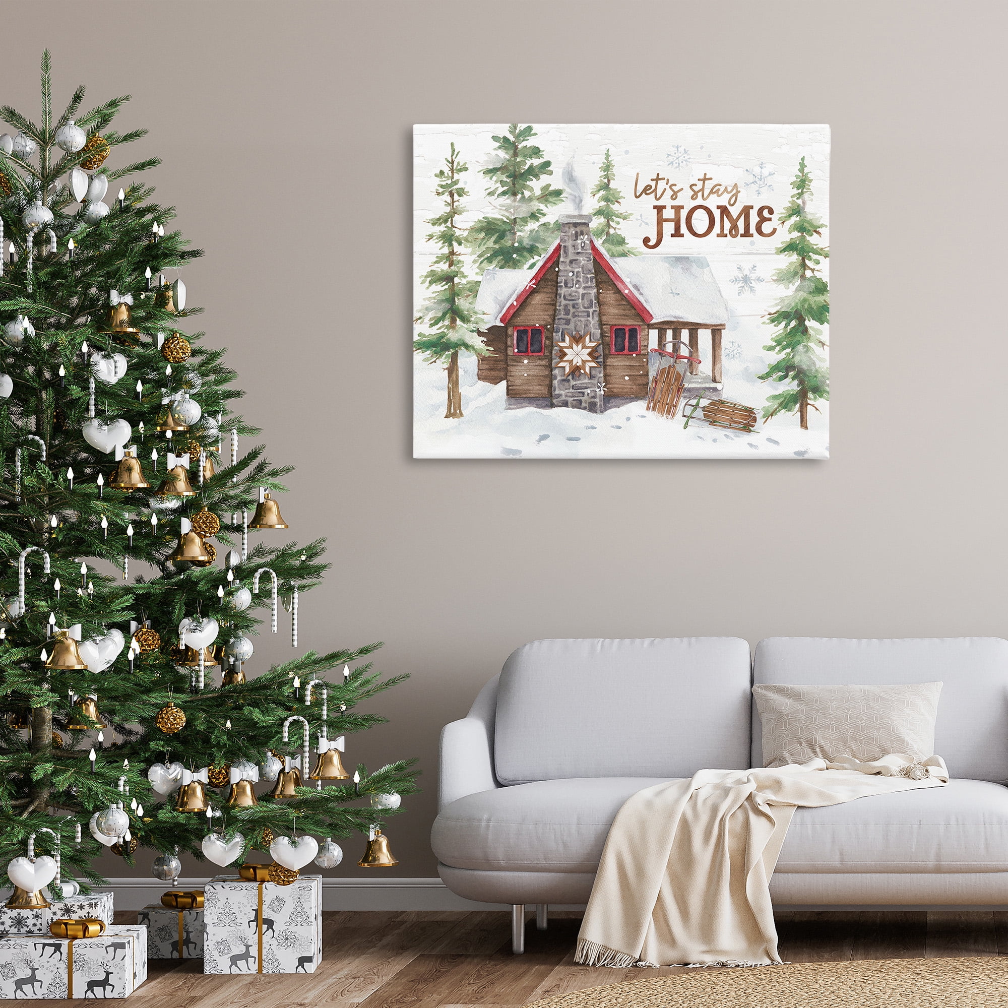 Stupell Industries Cozy Winter Cabin Phrase Landscape Painting Gallery Wrapped Canvas Art Print Wall Art, 48 x 36