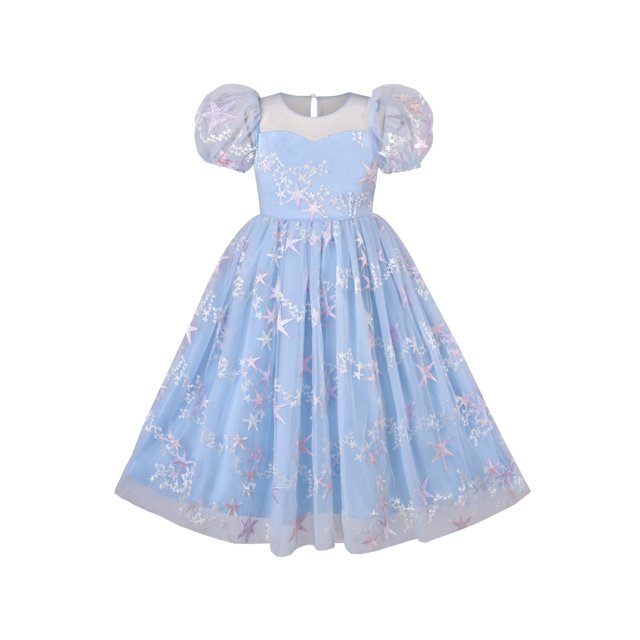 Girl Dress Tulle Ice Blue Embroidered Star Party Princess Pageant 7 Years