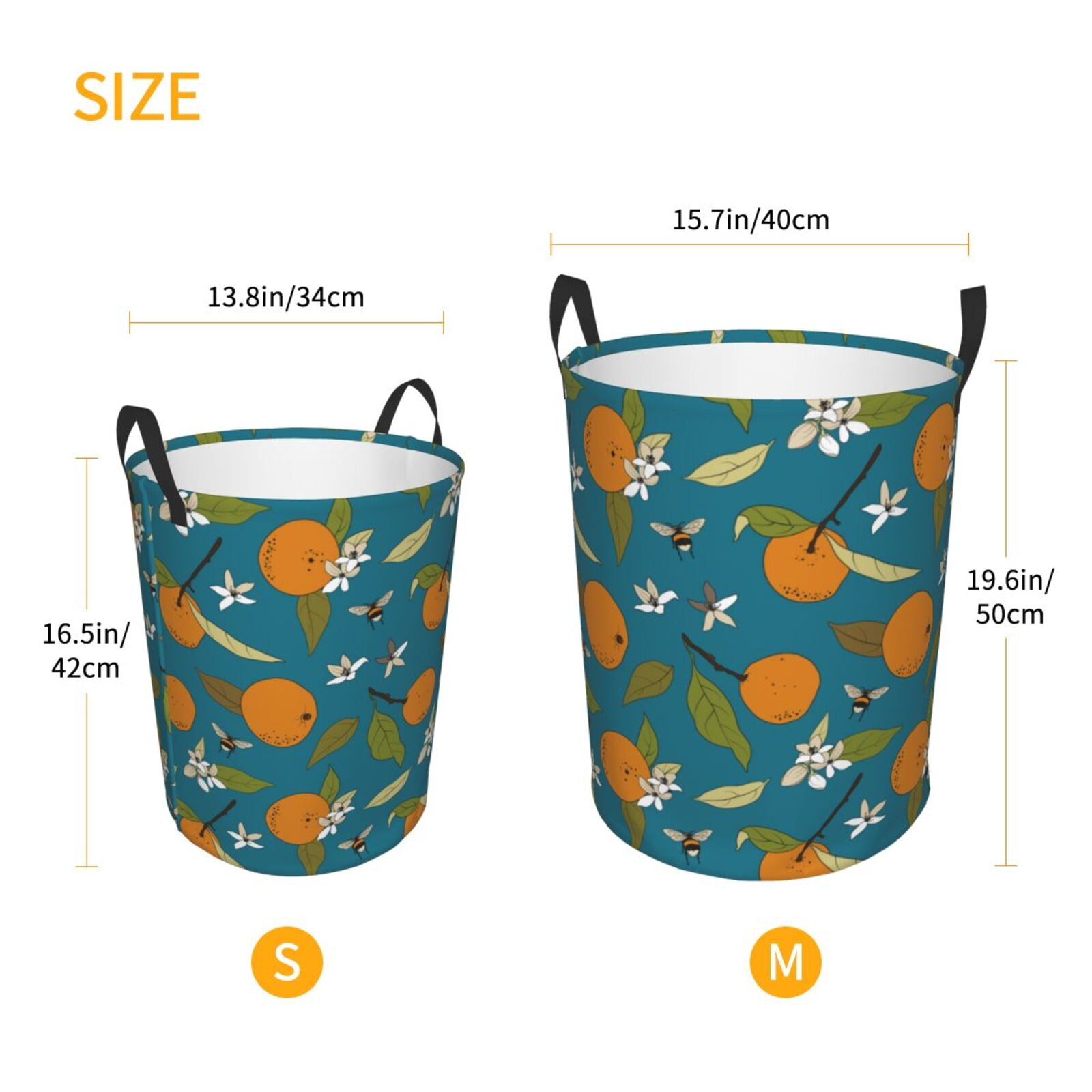 Large Laundry Basket with Handles - Cute Orange Bee Flower Leaves Kids Baby Dirty Clothes Laundry Hamper for Bedroom Aesthetic