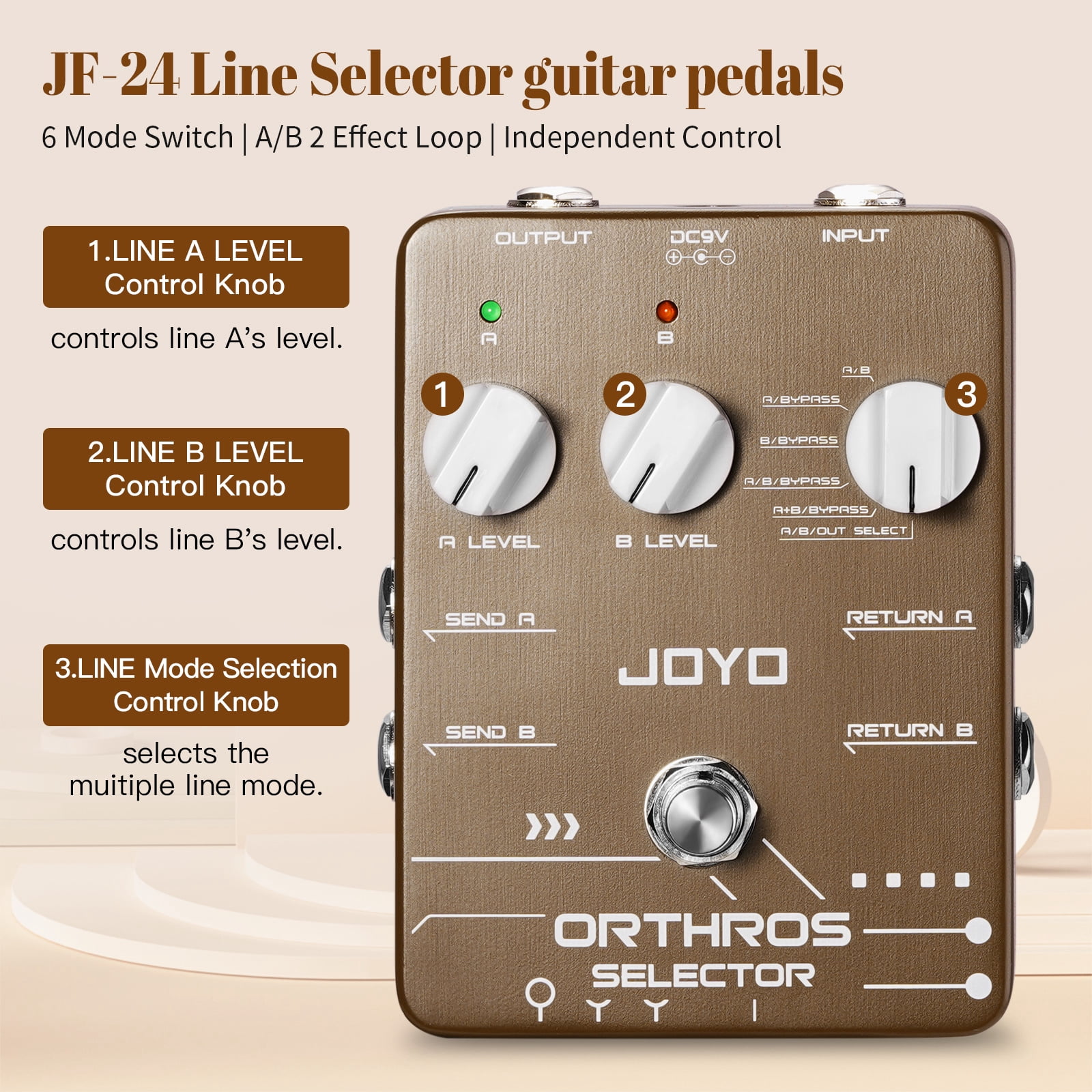 JOYO JF-24 Metal Alloy Line Selector Guitar Effect Pedal, 6 Mode Switch with 2 Independent Effect Loops for Electric Guitar & Bass