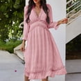 thumbnail image 2 of Women's Spring Summer Dress Deep V 3/4 Long Sleeve Dress Ruffle Hem & Trim, 2 of 2