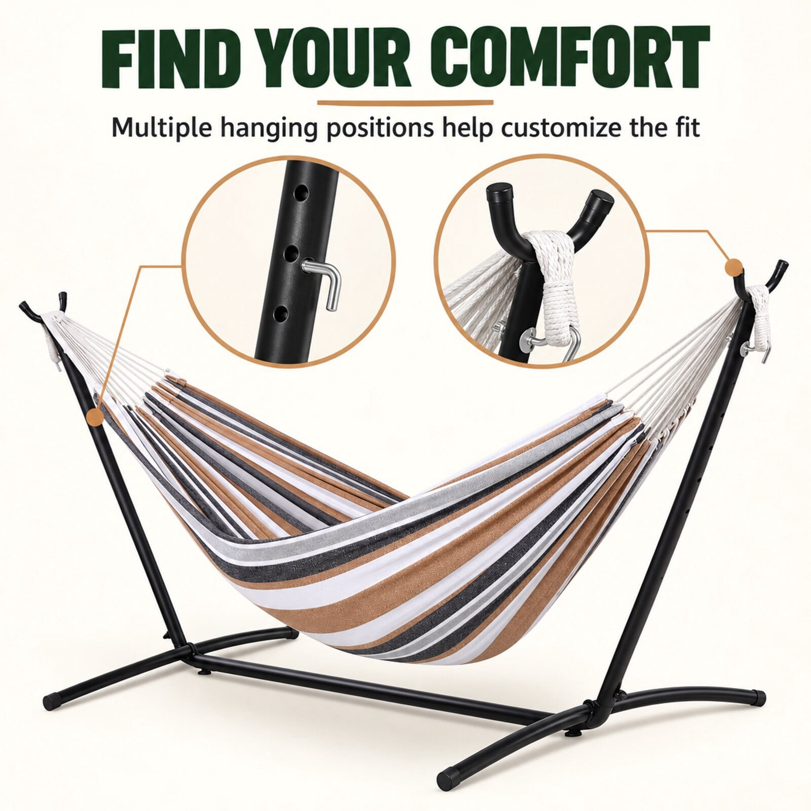 Inolait Portable Double Hammock with Stand, 2-Person Outdoor Hammock with Carrying Bag Stripe Pattern