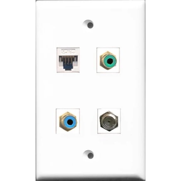RiteAV 1 Port RCA Green and 1 Port RCA Blue and 1 Port Coax Cable TV- F-Type and 1 Port Cat5e Ethernet White Wall Plate