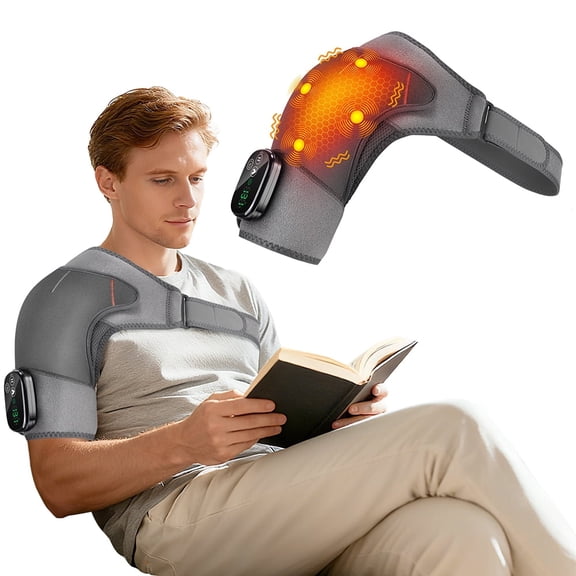 Cordless Shoulder Heating Pad with Massage,4-Motor Heated Shoulder Wrap with Vibration,5 Heat Levels & Rechargeable Battery,Adjustable Shoulder Brace for Men Women,Wearable for Home Office Use