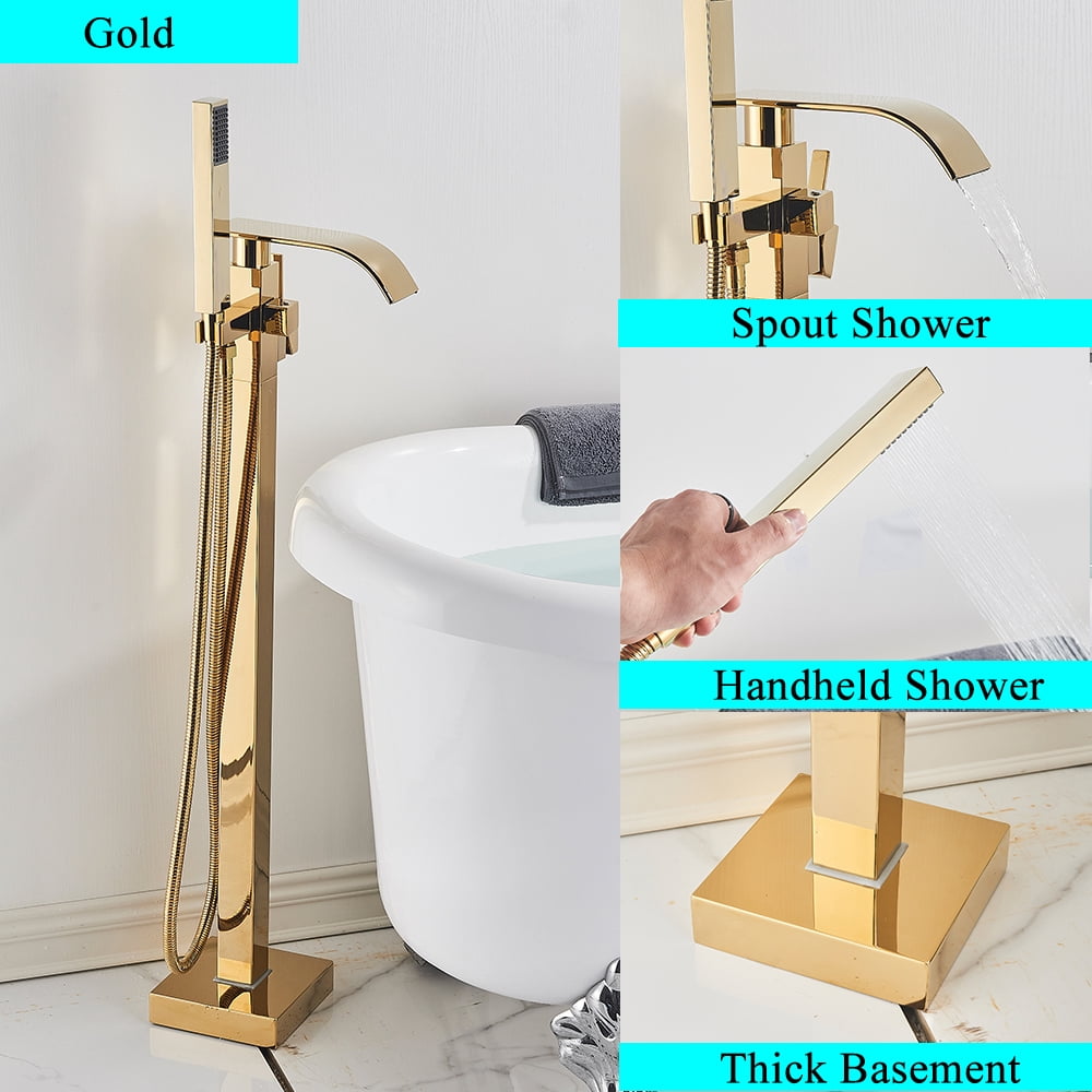 Golden Floor Mounted Bathtub Faucet Free Standing Tub Filler W/Hand Sprayer