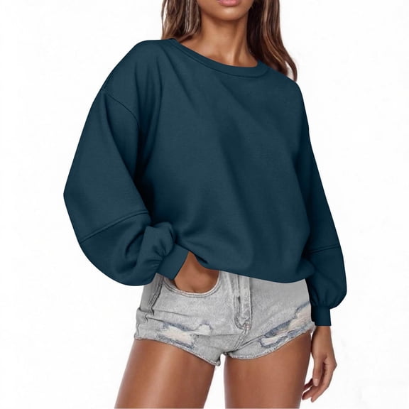 VNKIDY Women Relaxed Fit Crew Neck Long Sleeve Sweatshirt Casual Tops For Everyday Wear Solid Color Pullover Comfort Dailywear