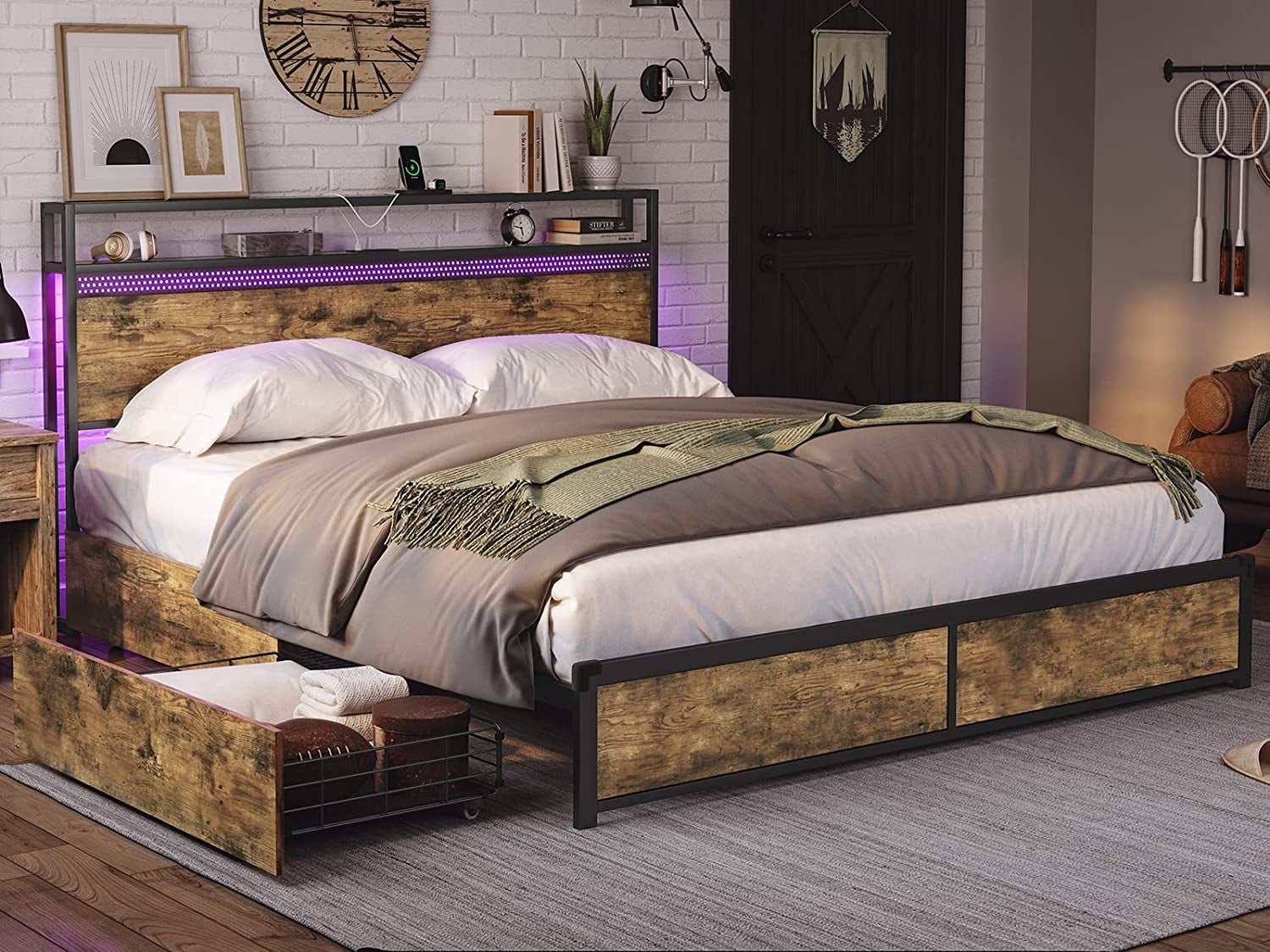 Queen Bed Frame with 4 Drawers&Outlets&USB Ports, LED Metal Platform