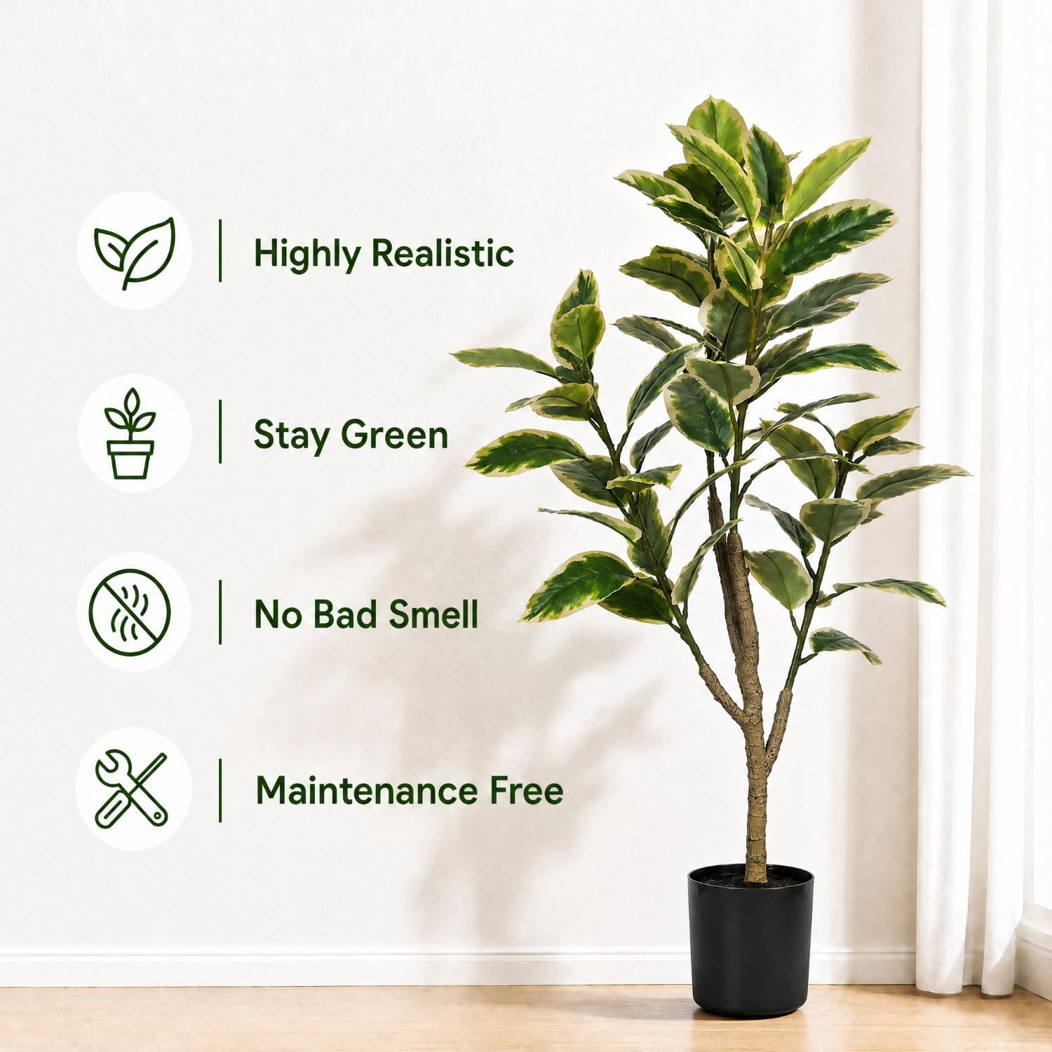 Easy4Home 5FT Artificial Variegated Rubber Plant Faux Ficus Elastica Tineke Tree Potted Indoor Floor Plant - Simple Assembly Needed