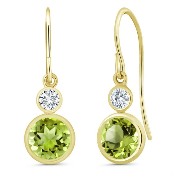 Gem Stone King 14K Yellow Gold Green Peridot and White Lab Grown Diamond Drop Dangle Earrings for Women (2.20 Cttw, Gemstone August Birthstone, Round 6MM and 3MM)