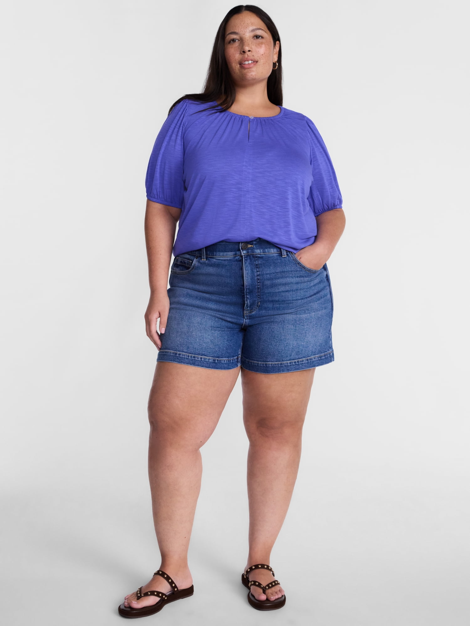 Terra & Sky Women's Plus Scoop Neck Top with Short Puff Sleeves, Sizes 0X-5X